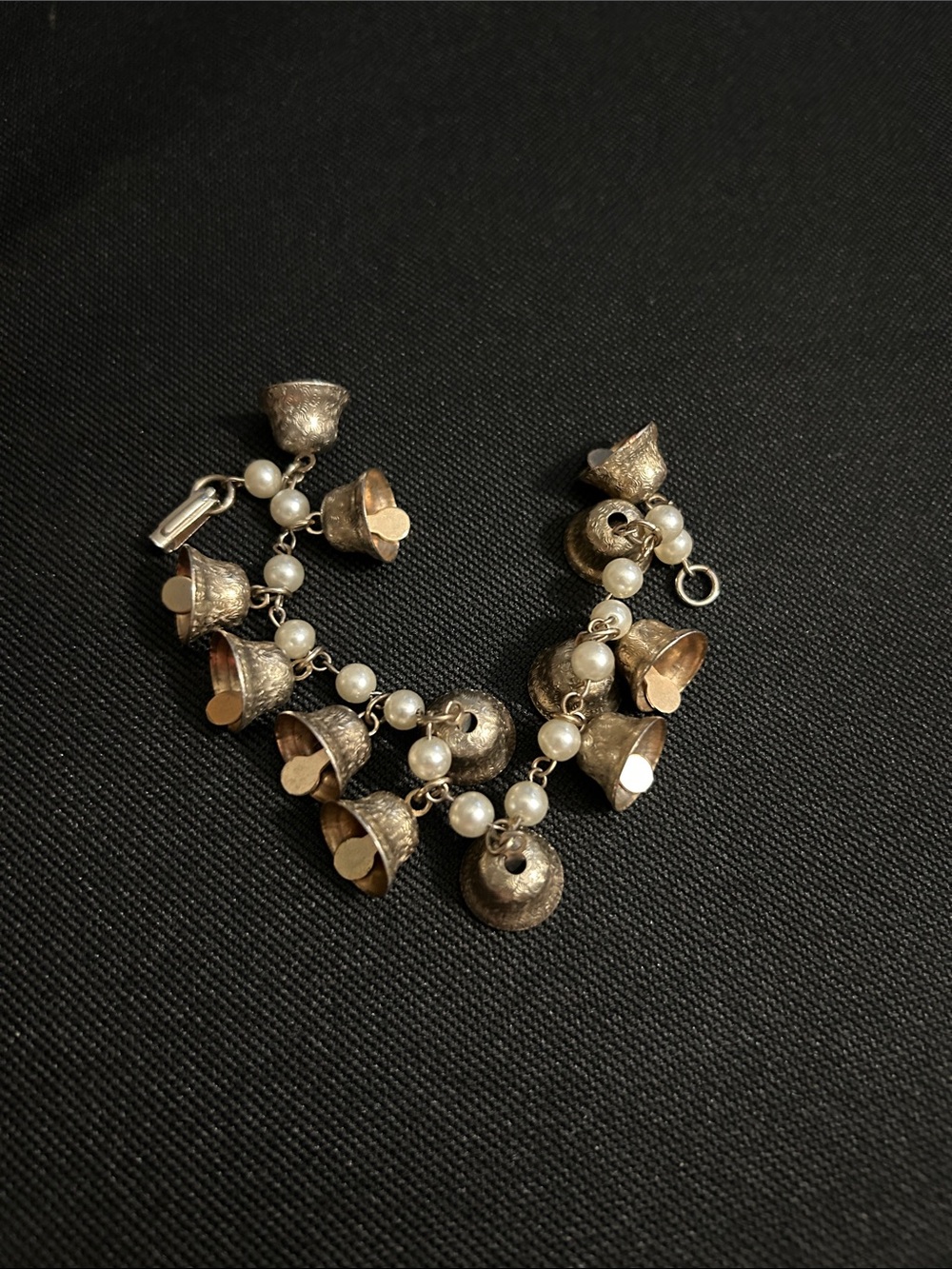 Vintage  gold Bell Charm Bracelet 1950  with Pearl Accents - gold  and White